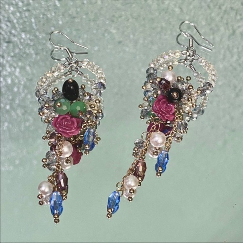 Handmade Bohemian Floral Wedding Earrings - Beaded Chandelier Dangles - Picture 15 of 15